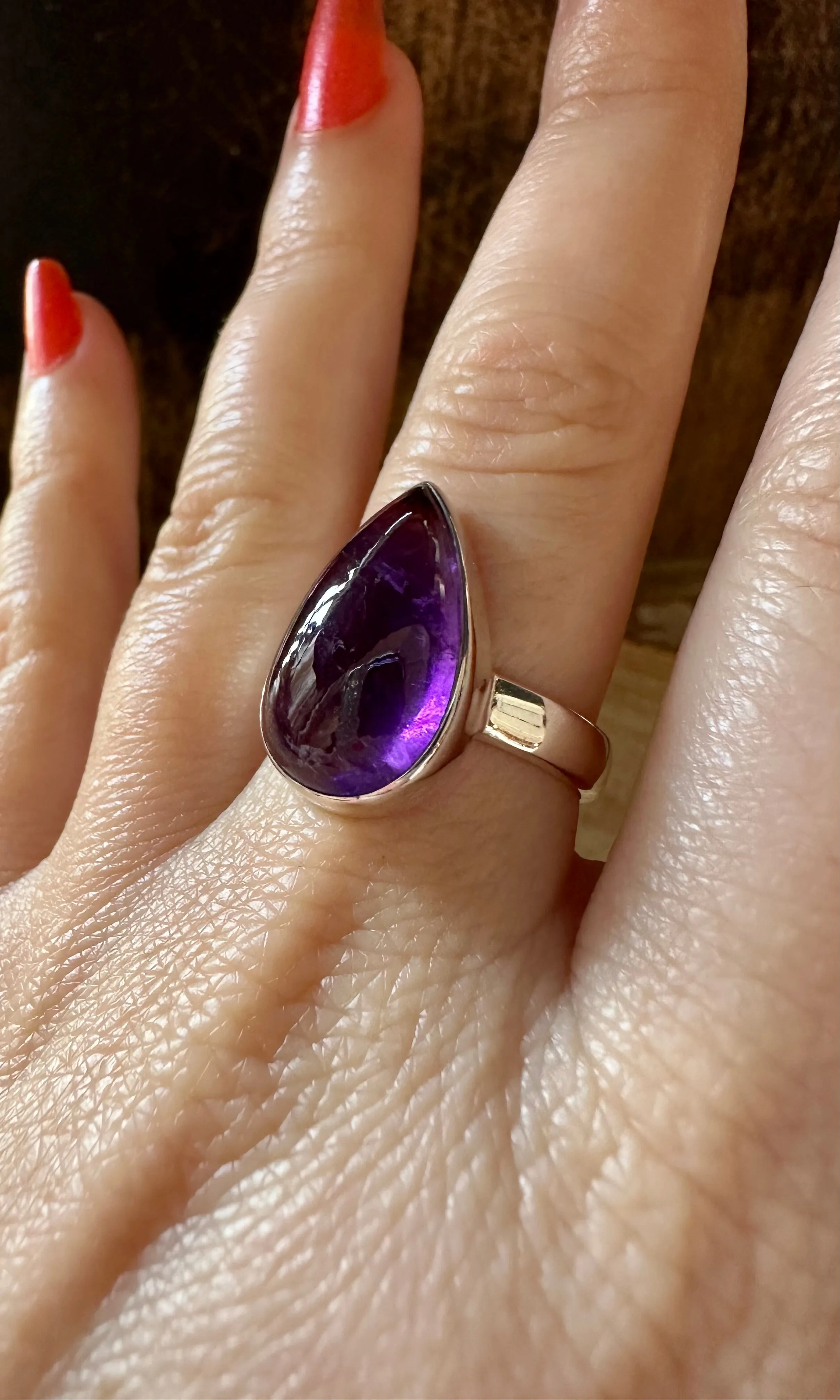 SLIM TEARDROP Amethyst Sterling Silver Ring • Size 7