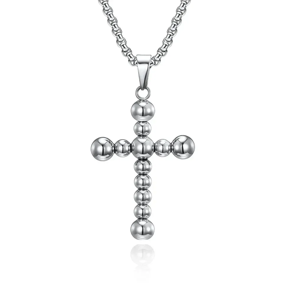 Stainless Steel Beaded Cross Pendant Necklace