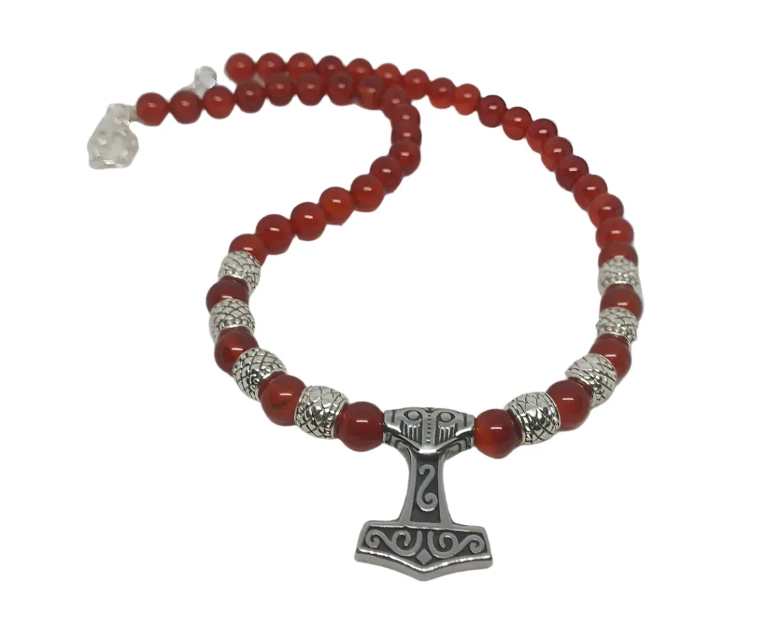 Stainless Steel  Mjölnir Necklace with Carnelian Crystal