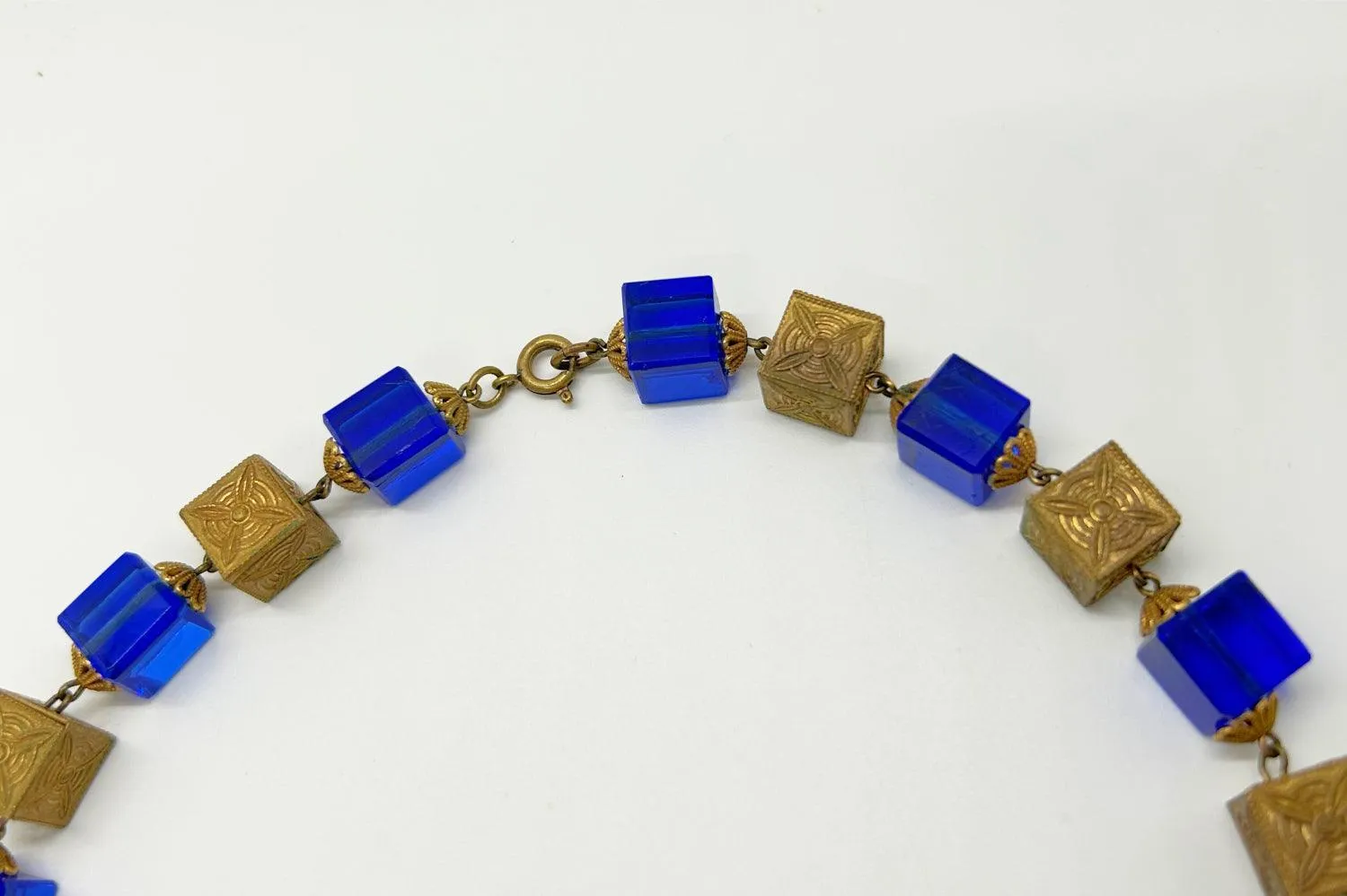 Stunning Antique Blue Glass and Brass Beads Necklace