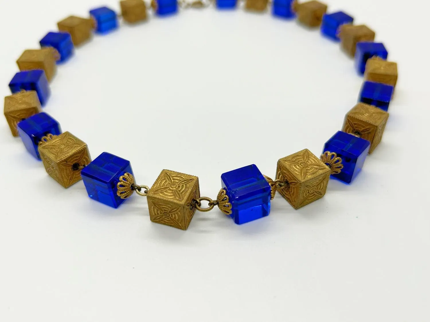 Stunning Antique Blue Glass and Brass Beads Necklace