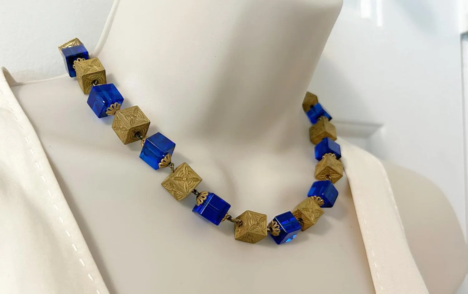 Stunning Antique Blue Glass and Brass Beads Necklace