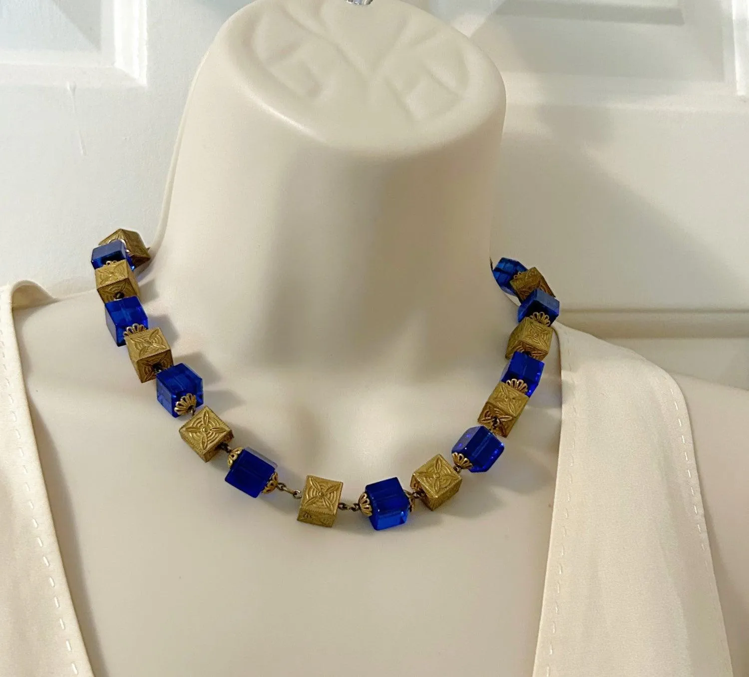 Stunning Antique Blue Glass and Brass Beads Necklace