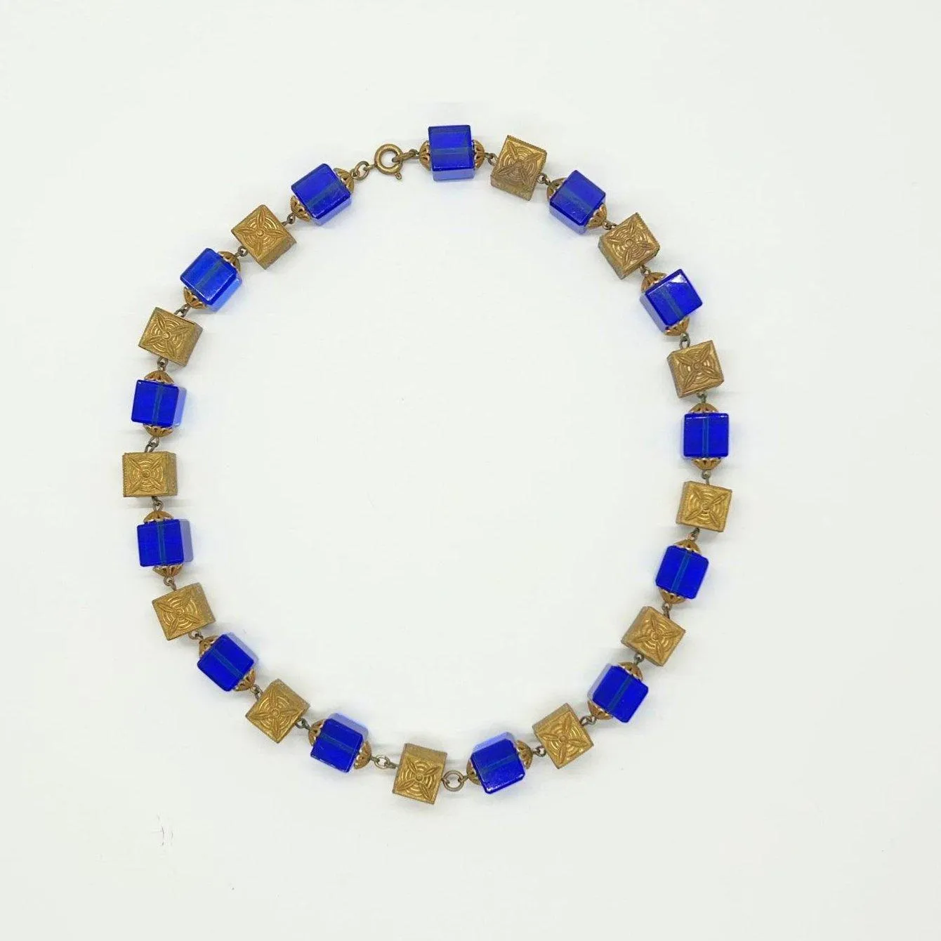 Stunning Antique Blue Glass and Brass Beads Necklace