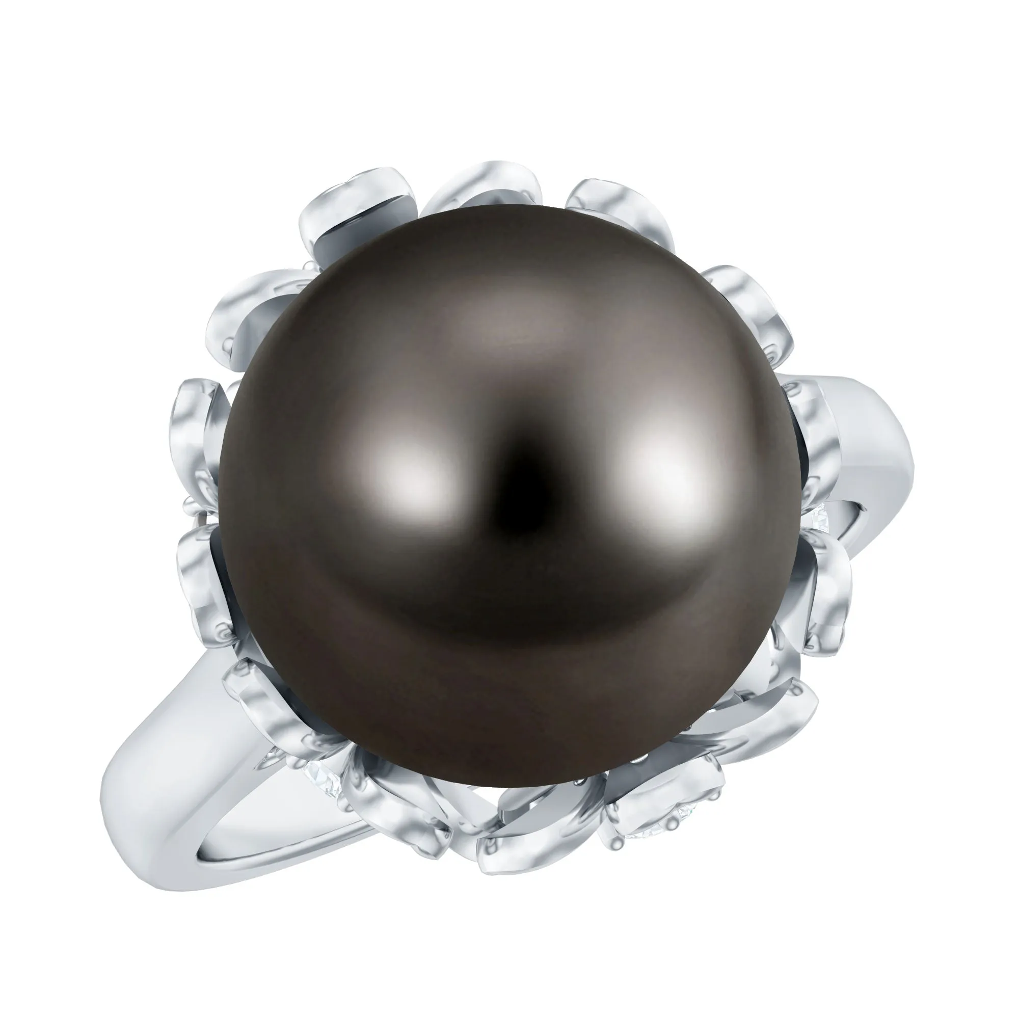 Tahitian Pearl and Diamond Solitaire Ring with Floral setting