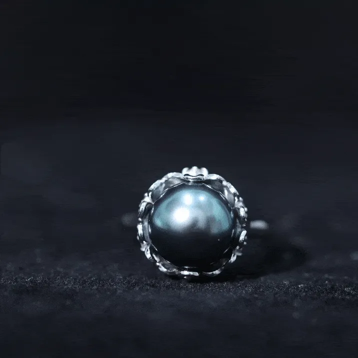 Tahitian Pearl and Diamond Solitaire Ring with Floral setting