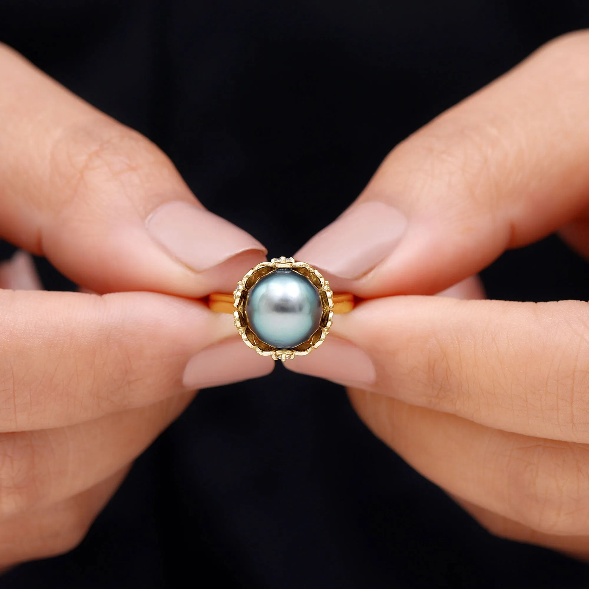 Tahitian Pearl and Diamond Solitaire Ring with Floral setting