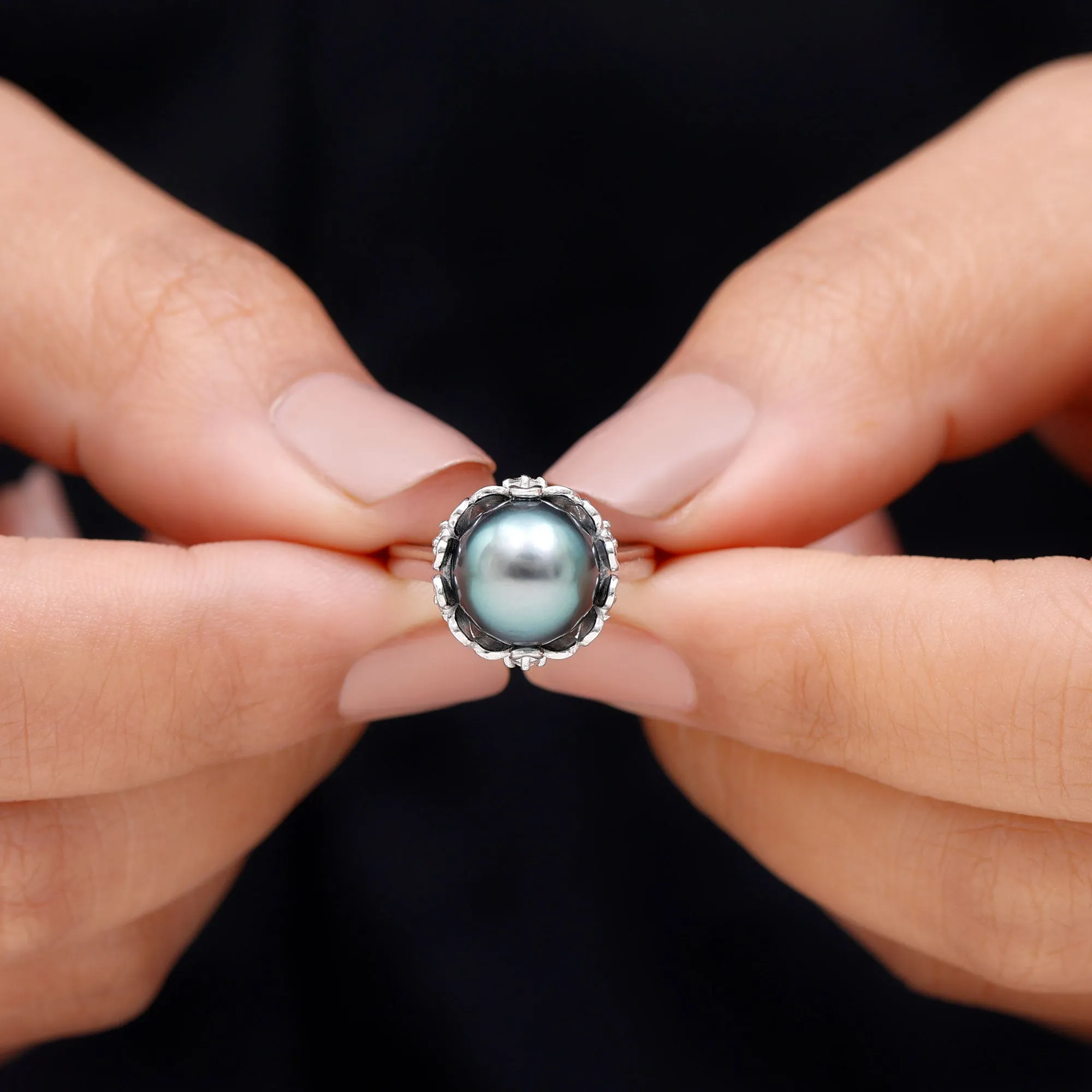 Tahitian Pearl and Diamond Solitaire Ring with Floral setting