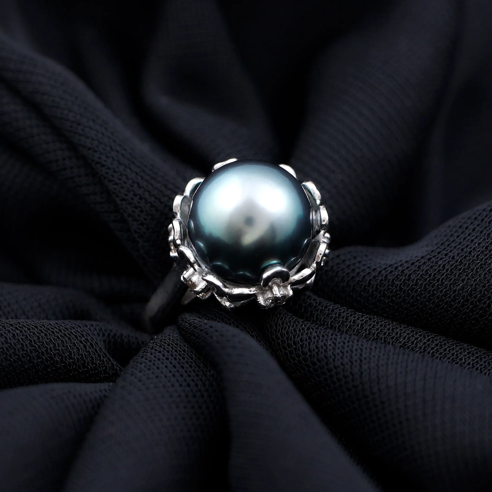 Tahitian Pearl and Diamond Solitaire Ring with Floral setting