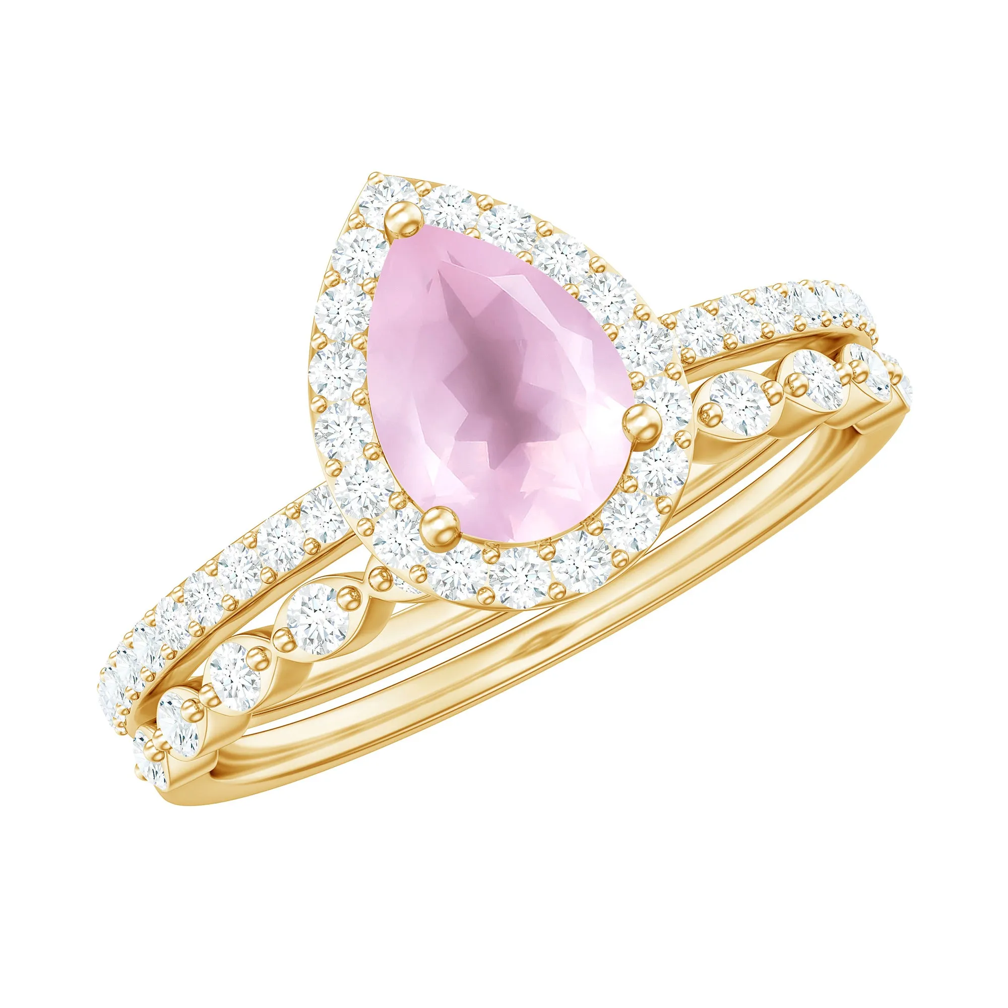 Teardrop Rose Quartz Bridal Ring Set with Diamond