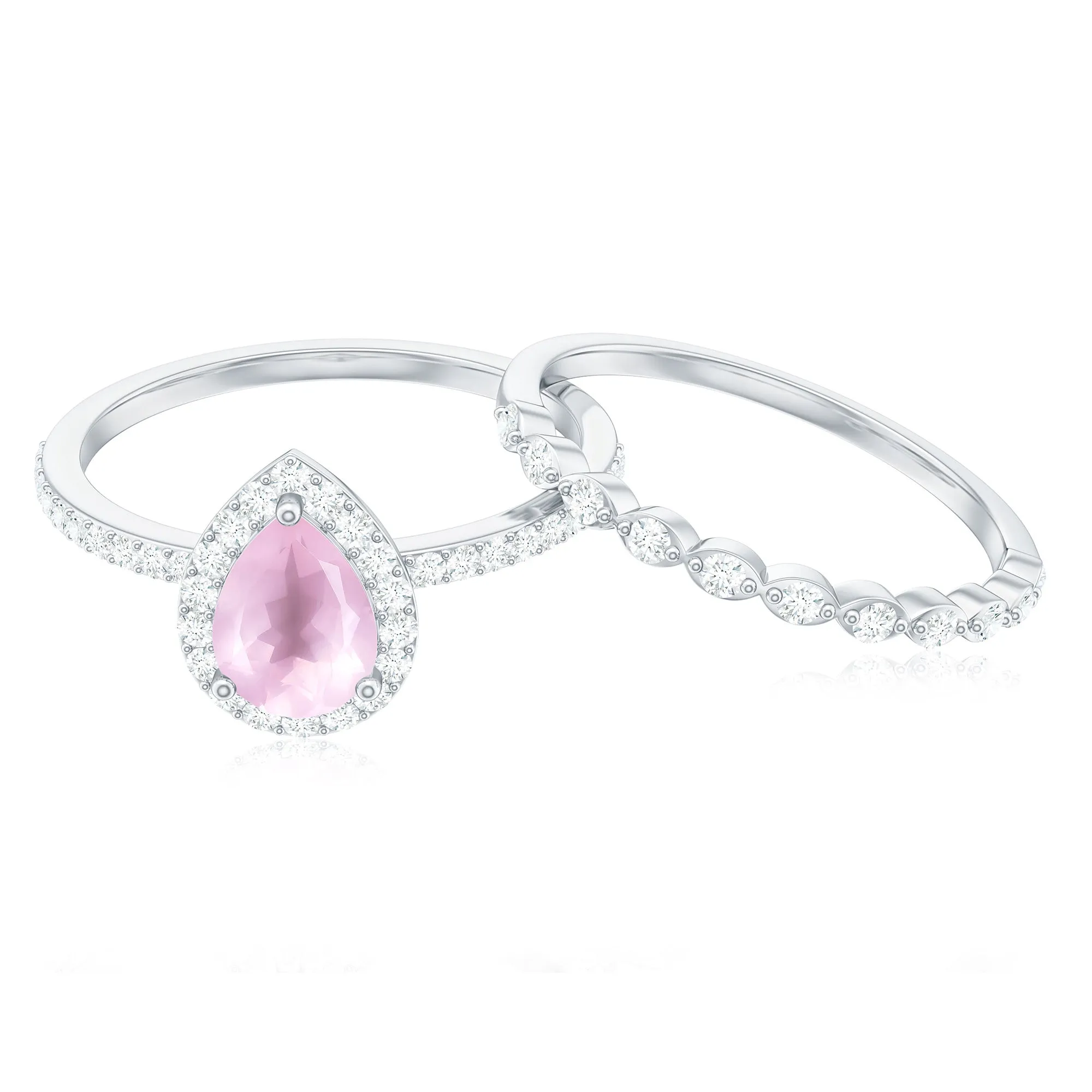 Teardrop Rose Quartz Bridal Ring Set with Diamond