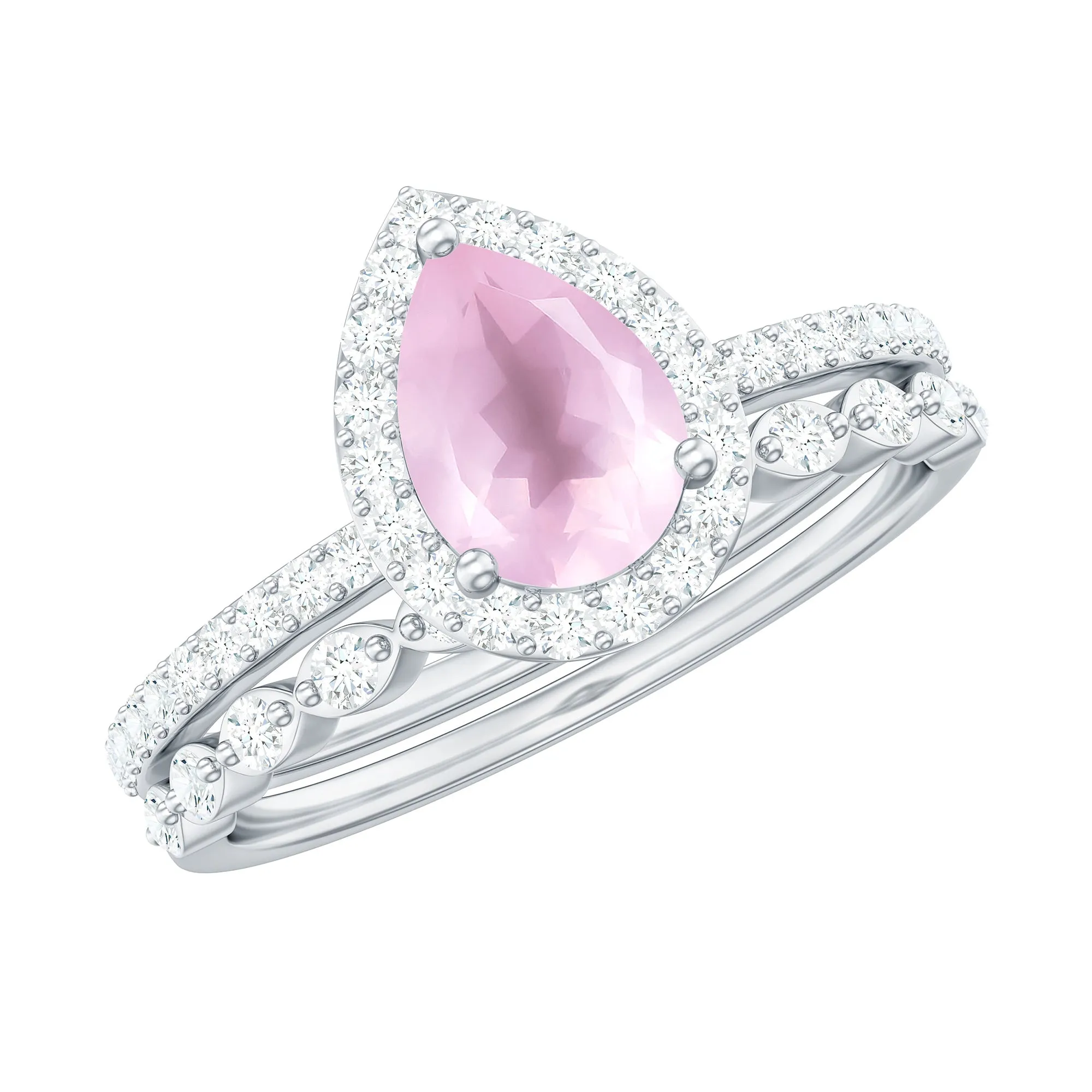 Teardrop Rose Quartz Bridal Ring Set with Diamond