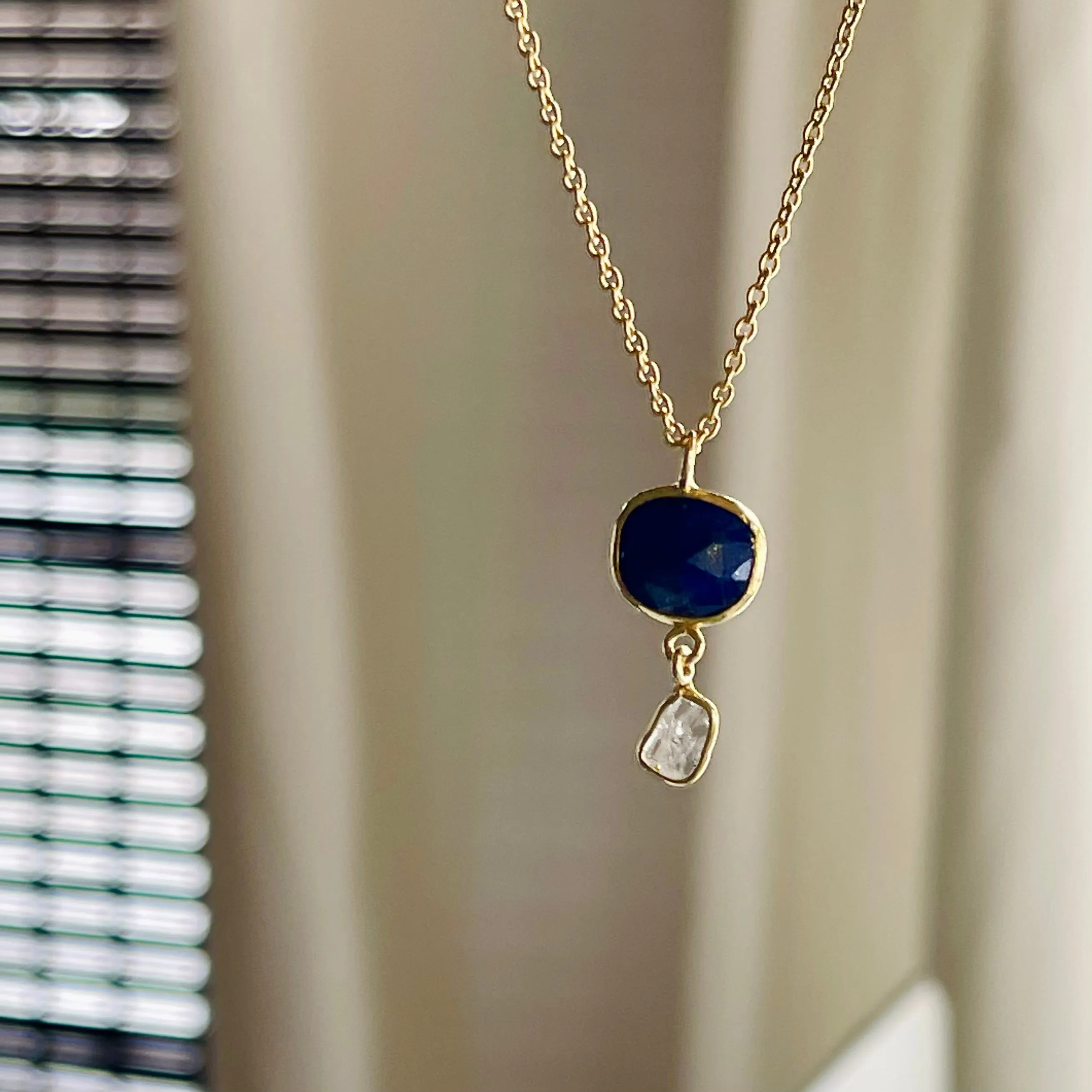 Vermeil (14K Gold over Sterling), Lapis, and Diamond Slice Necklace 17”-19”