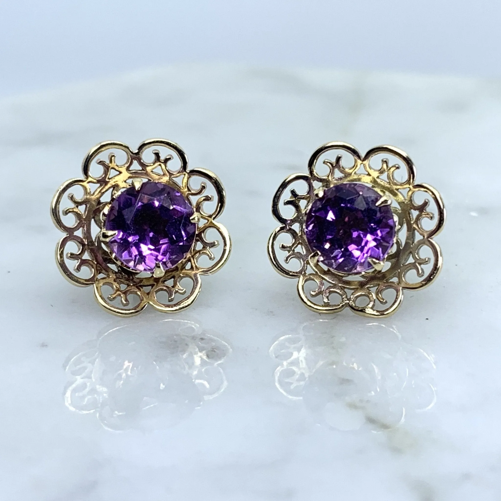 Vintage Amethyst Earrings set in a Yellow Gold Flower Setting. February Birthstone. Wedding Jewelry.