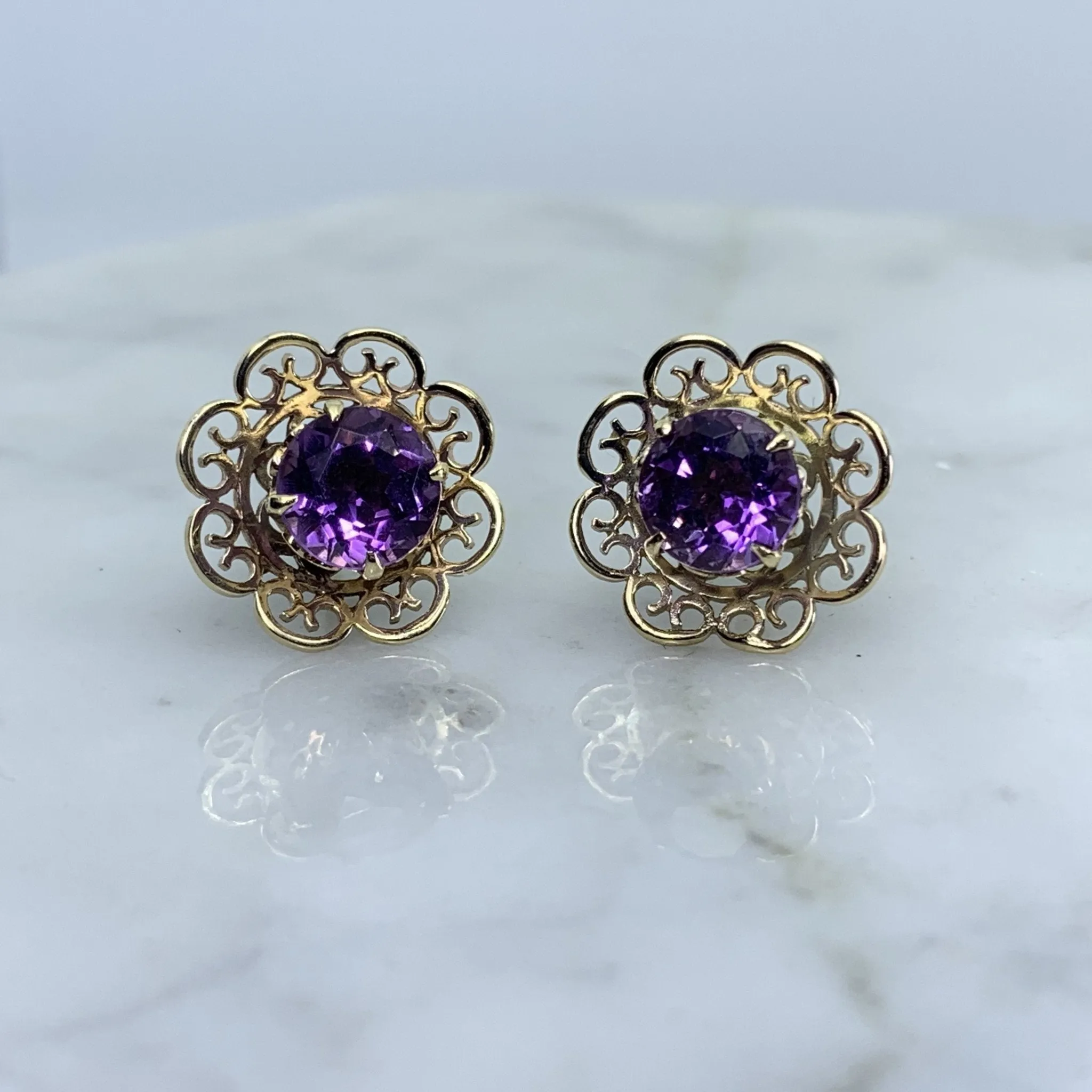 Vintage Amethyst Earrings set in a Yellow Gold Flower Setting. February Birthstone. Wedding Jewelry.