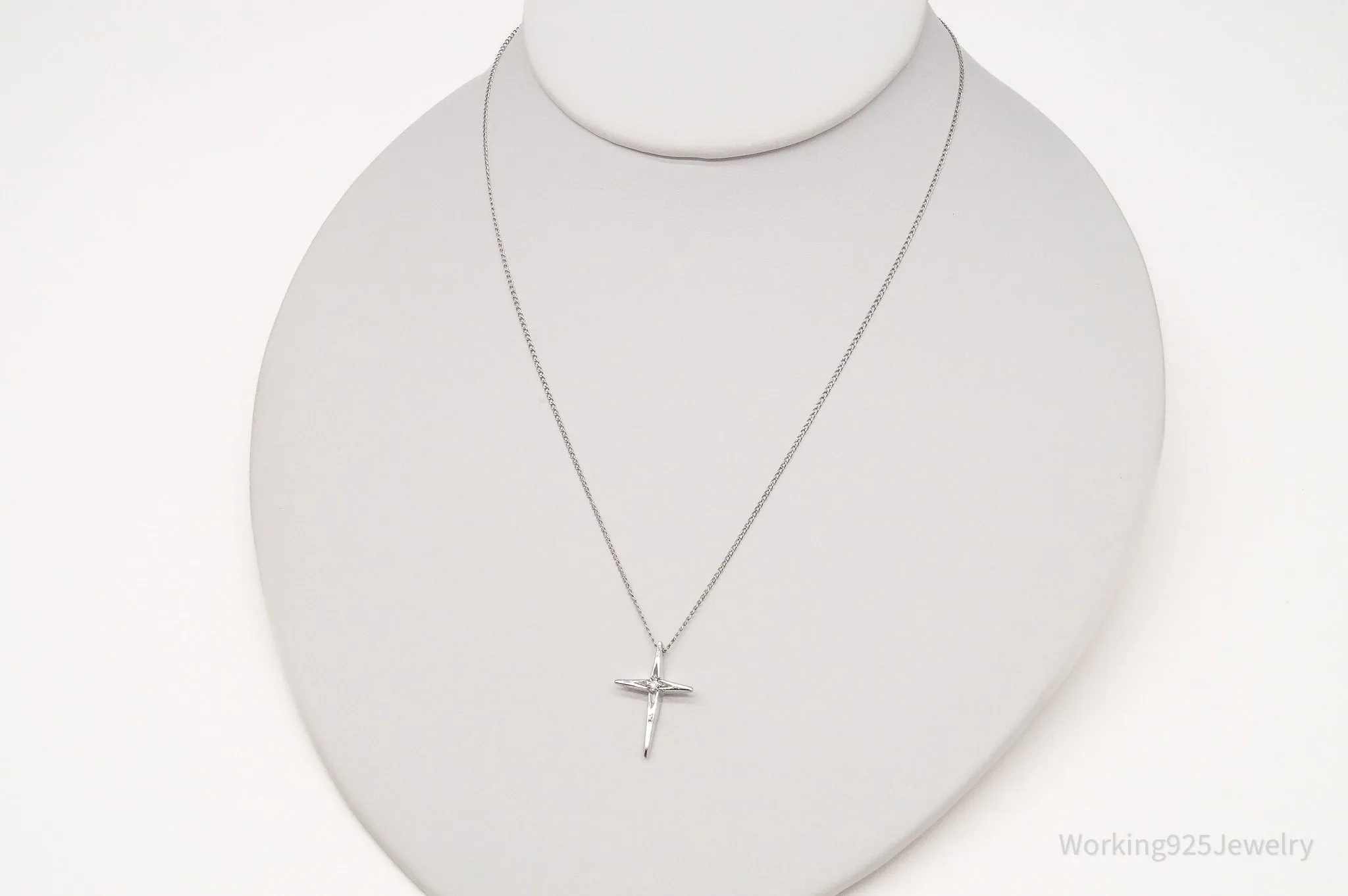 Vintage Cubic Zirconia Sterling Silver Cross Necklace 18"