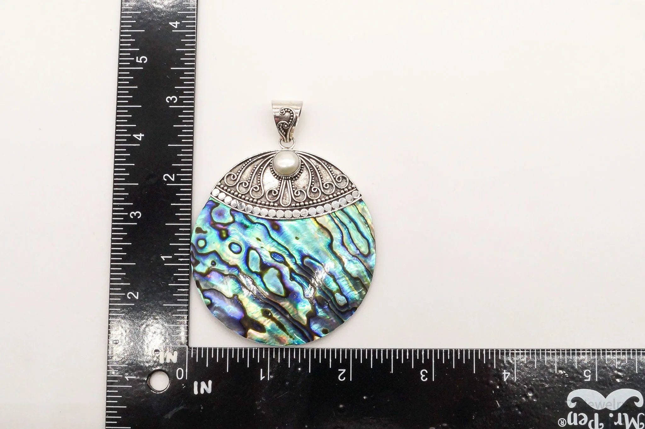 Vintage Designer Merav Large Abalone Shell Pearl Sterling Silver Pendant