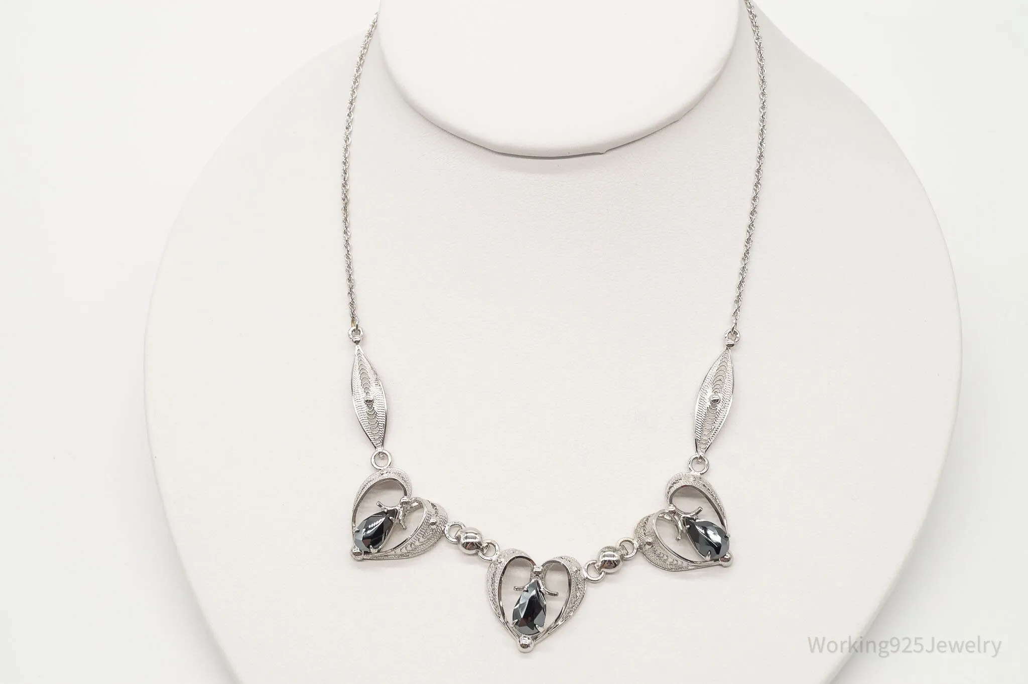 Vintage Designer Sorrento Hematite Filigree Hearts Sterling Silver Necklace