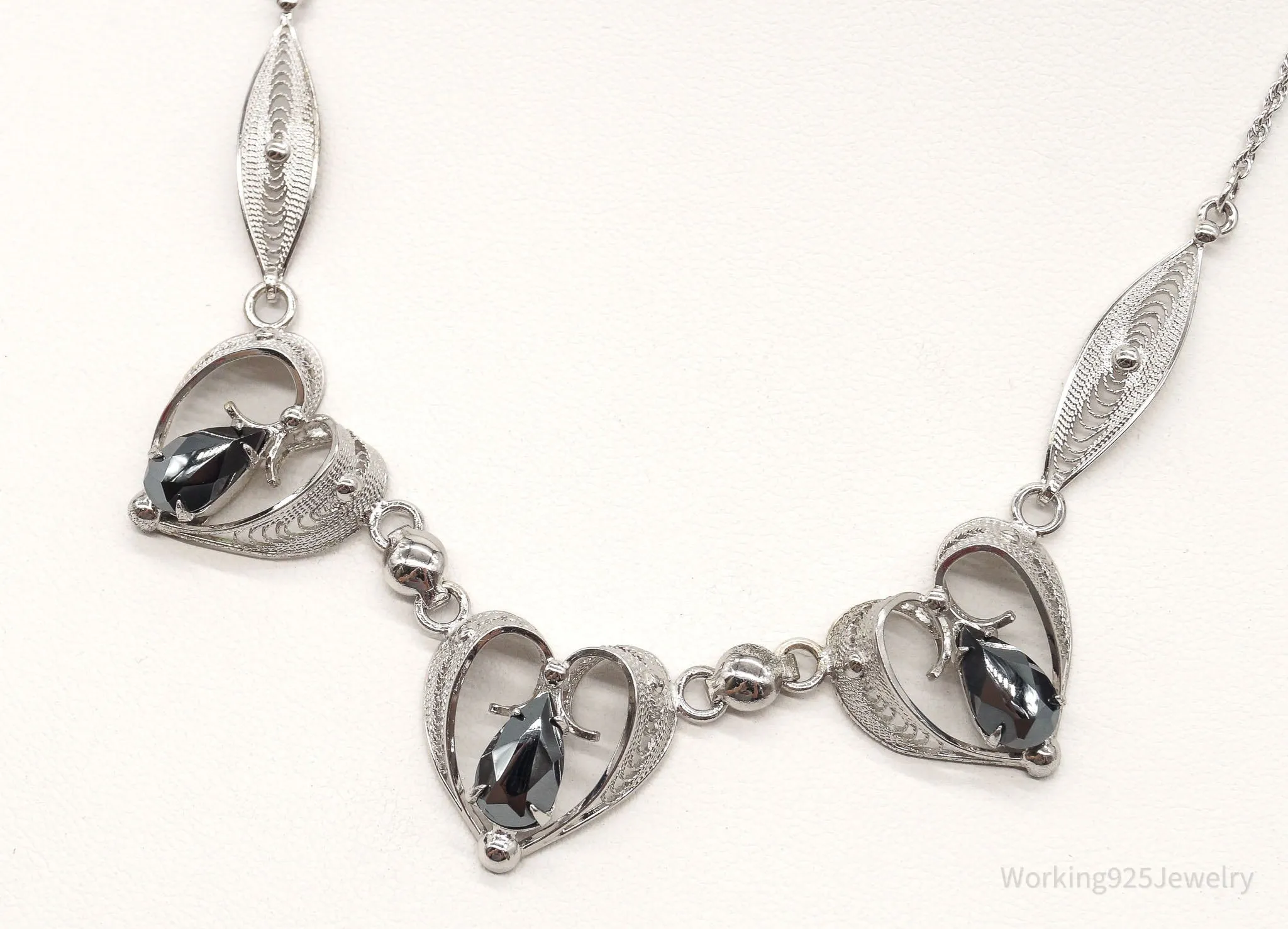 Vintage Designer Sorrento Hematite Filigree Hearts Sterling Silver Necklace