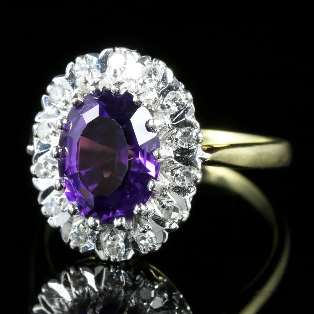 Vintage Diamond Amethyst Ring Dated 1983 London 18Ct Gold