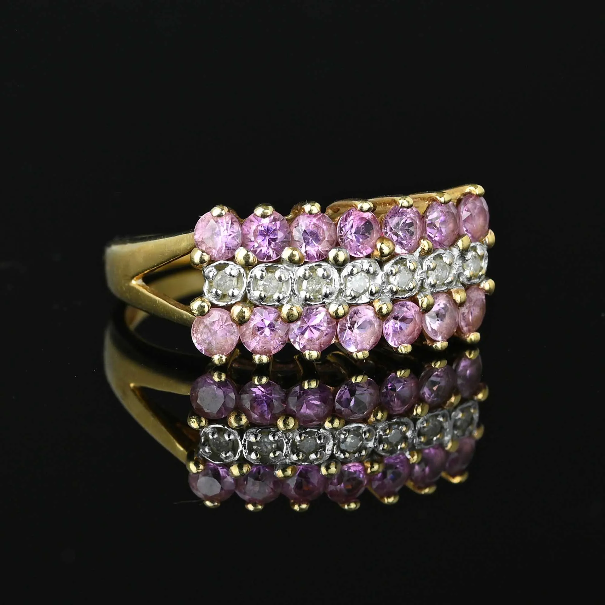 Vintage Gold Half Hoop Diamond Pink Sapphire Ring