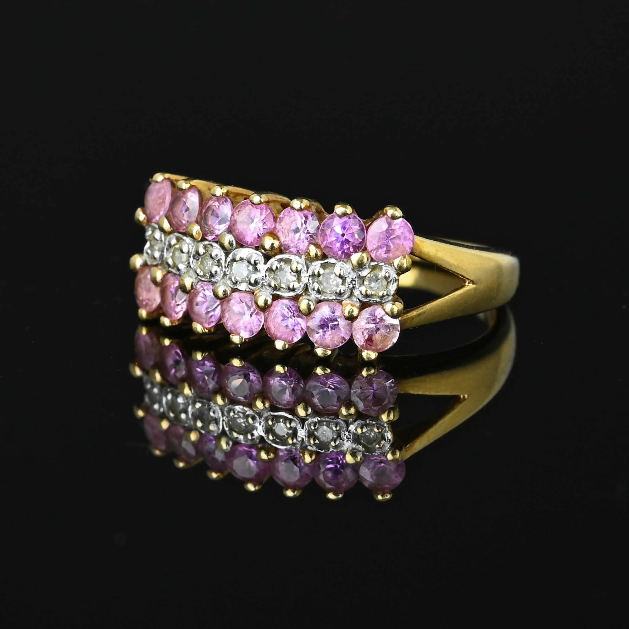 Vintage Gold Half Hoop Diamond Pink Sapphire Ring