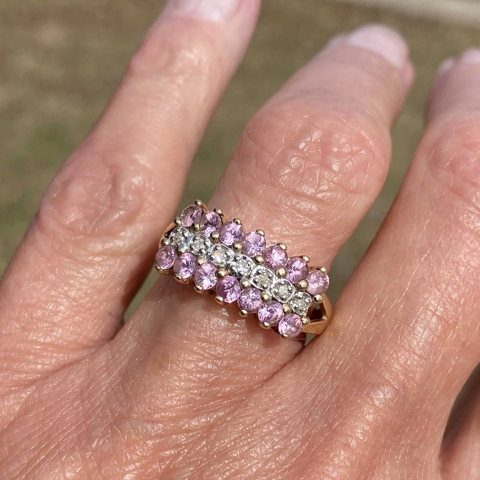 Vintage Gold Half Hoop Diamond Pink Sapphire Ring