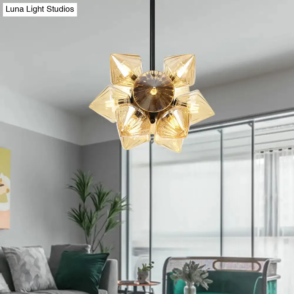 Vintage Ribbed Glass Ceiling Lamp with Prism Semi Flush Design - Black/Chrome Finish - 9/12 Lights for Living Room