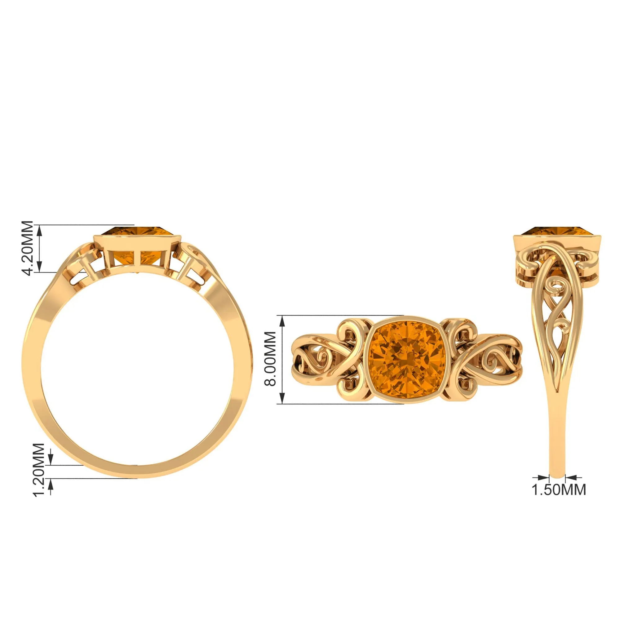 Vintage Style Cushion Citrine Solitaire Ring in Bezel Setting