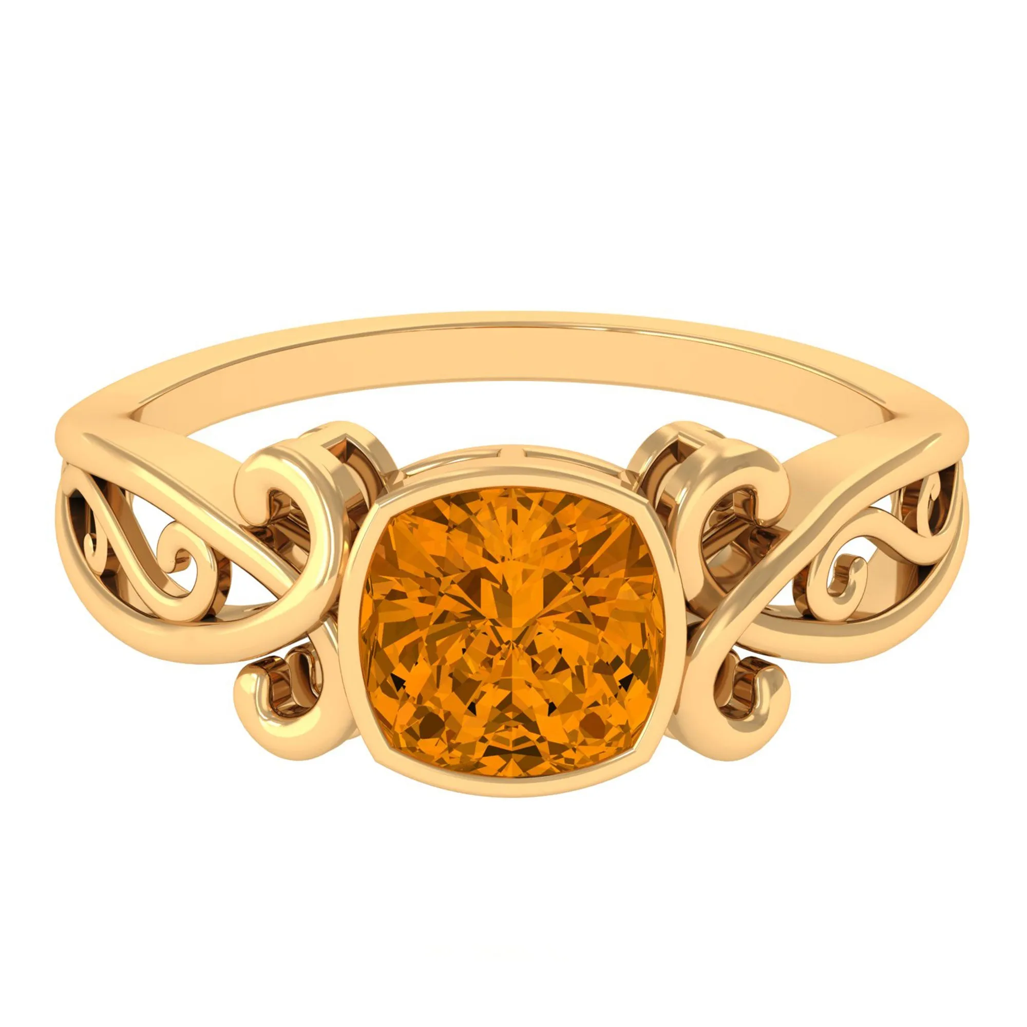 Vintage Style Cushion Citrine Solitaire Ring in Bezel Setting