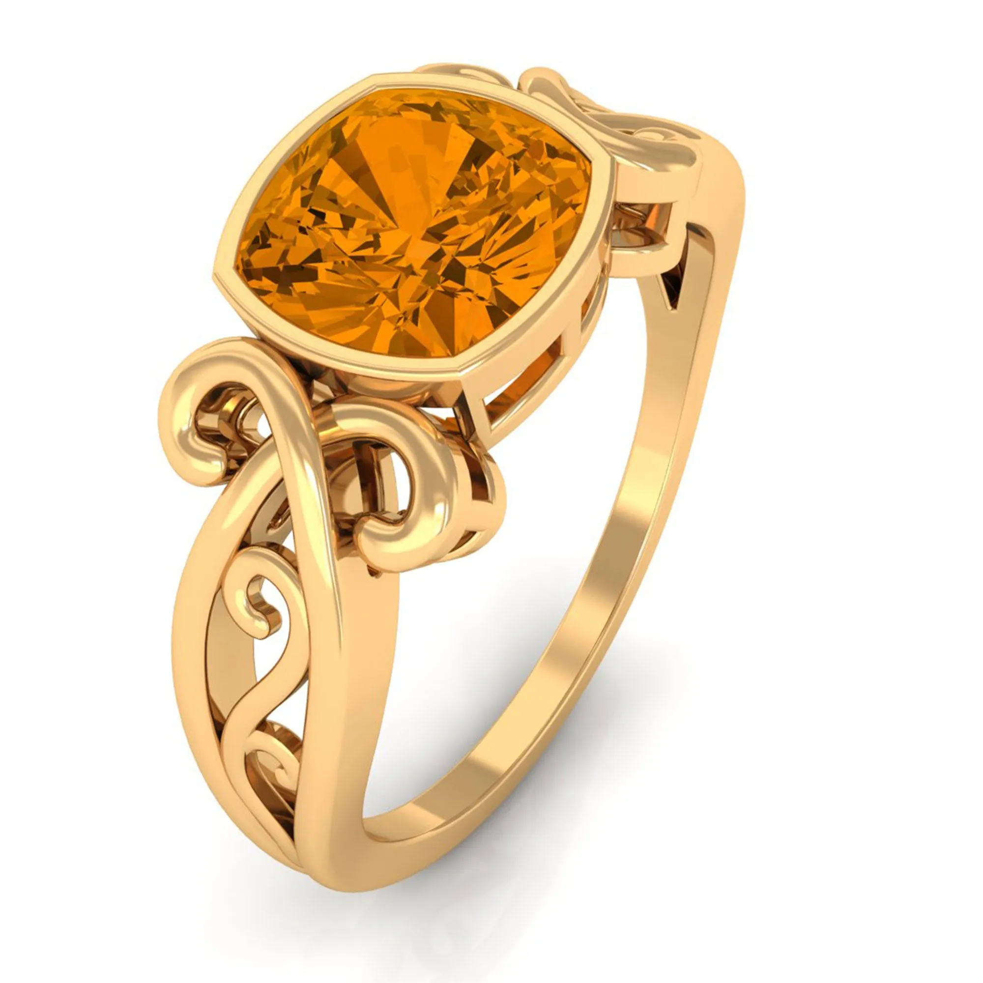 Vintage Style Cushion Citrine Solitaire Ring in Bezel Setting