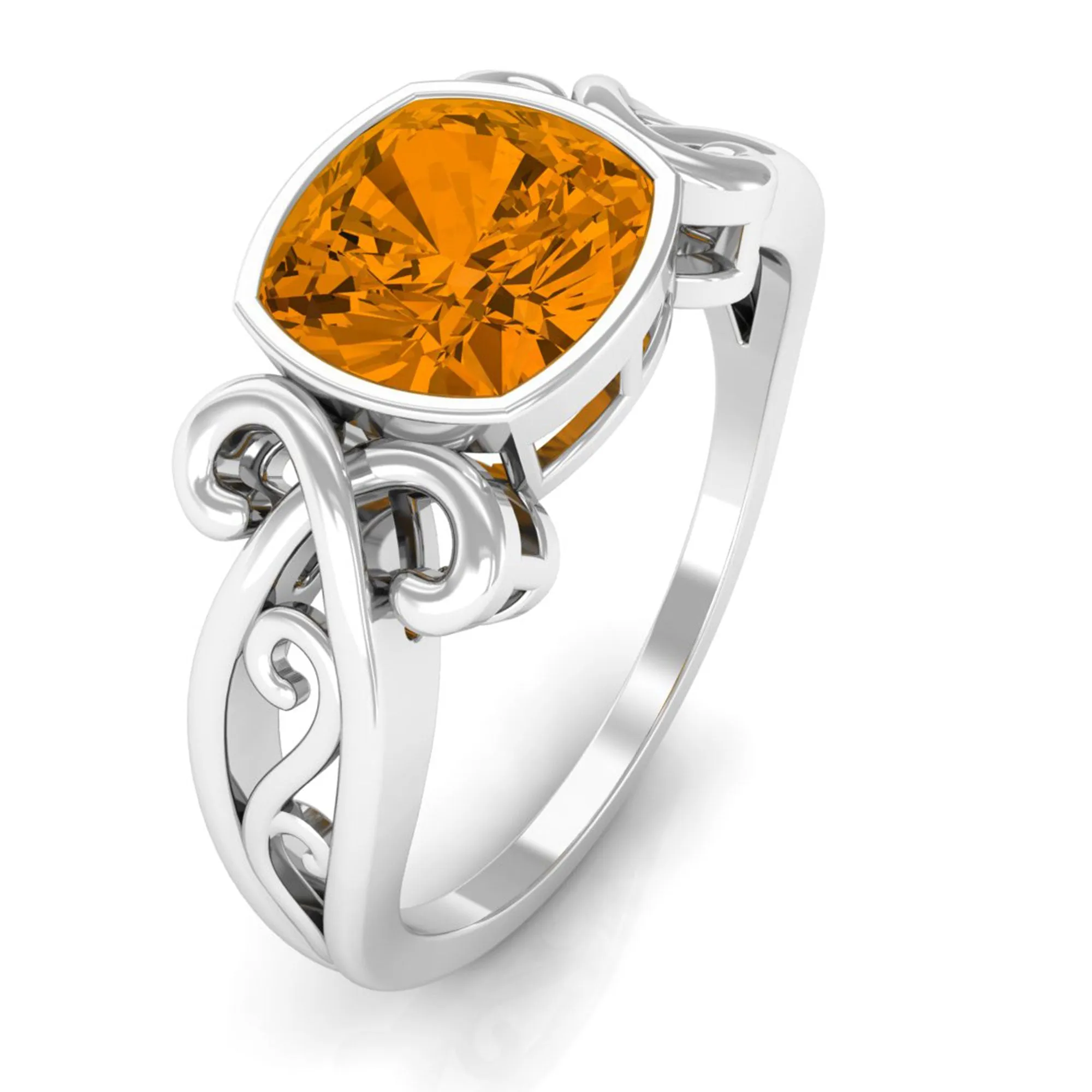 Vintage Style Cushion Citrine Solitaire Ring in Bezel Setting