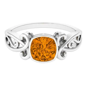 Vintage Style Cushion Citrine Solitaire Ring in Bezel Setting